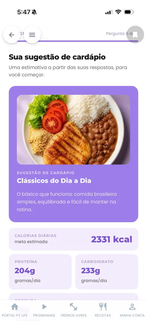 Sugestão de cardápio no Fit Life App